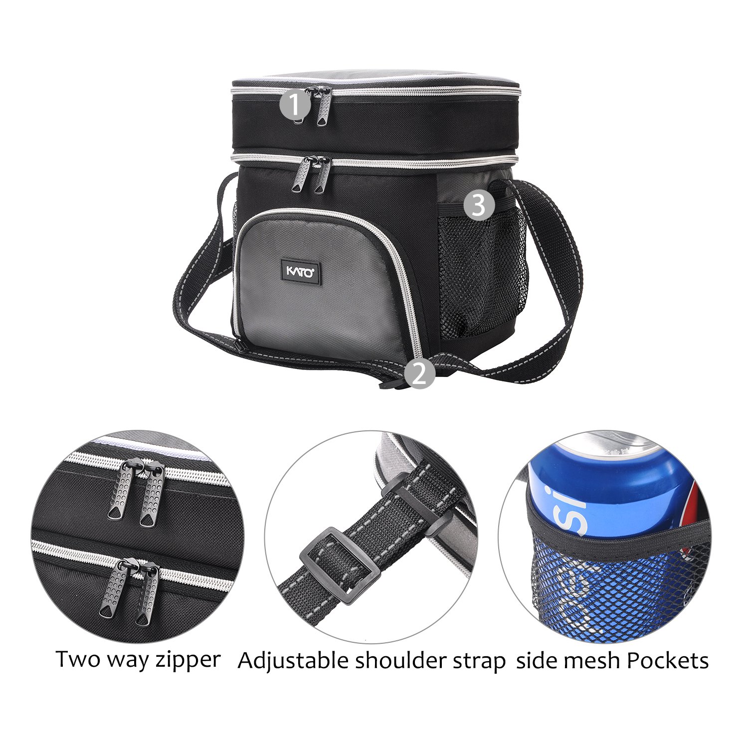 Insulated Lunch Cooler Bag, Kato Adult Dual Compartment Reusable Bento Lunch Box Tote with Shoulder Strap, Grey