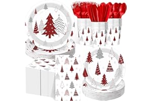 Pickmesh 400 Pcs Christmas Party Supplies Red Silver Xmas Tree Snowflake Disposable Paper Plates Napkins Cups Cutlery for Winter Xmas Christmas Birthday Party Table Decorations Serve 50