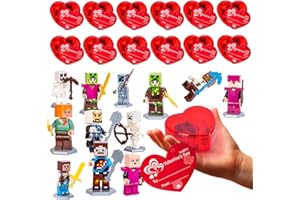 Bupelo Valentine's Day Gifts for Kids, 24 Pack Red Heart Shape Prefilled Building Blocks with Cards, Valentines for Kids Class, Classroom Prize School Exchange Boys Girls Party Favors, MC Gamer Gift