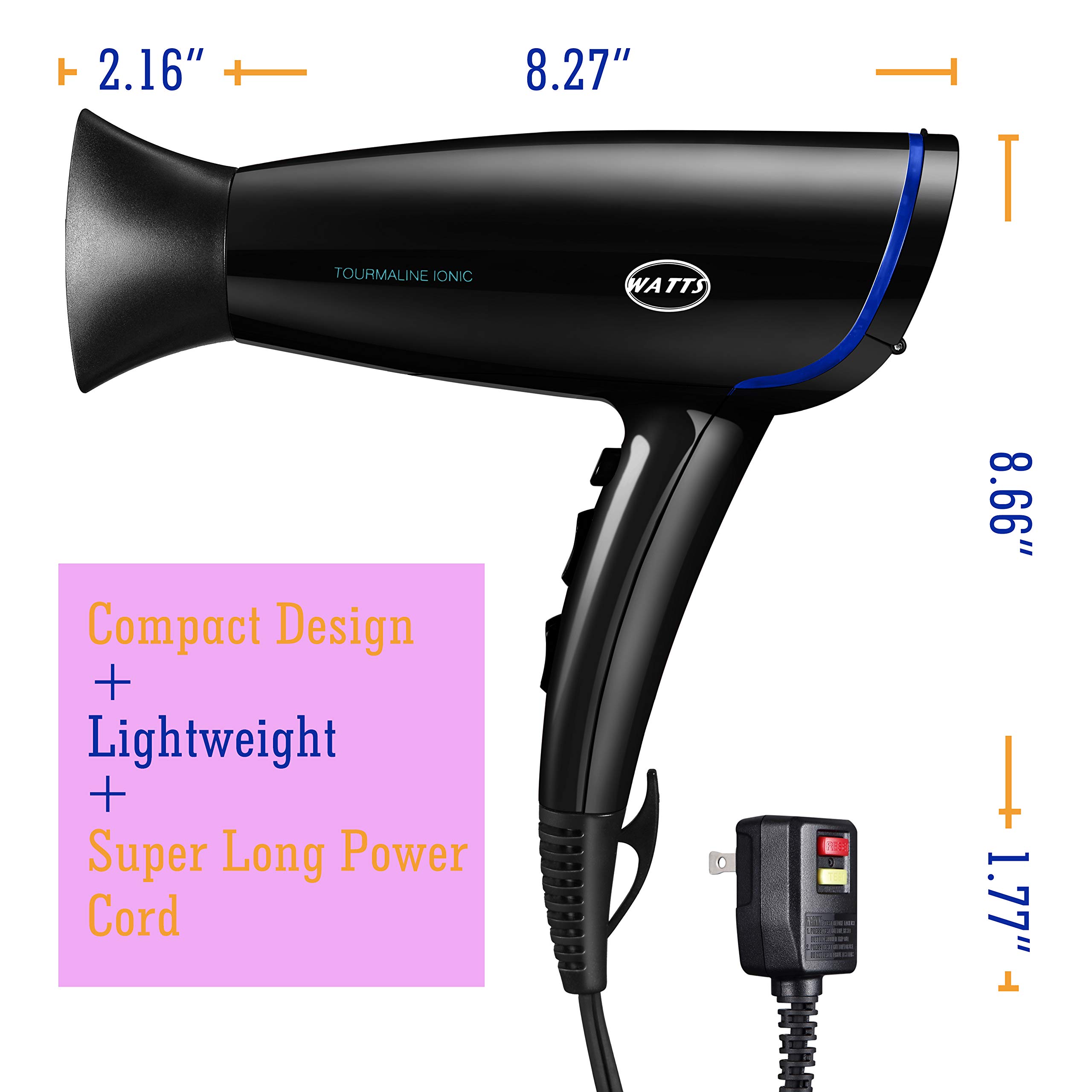 WATTS HD16 1875W Hair Dryer, Compact Blow Drier, w/Ceramic Tourmaline
