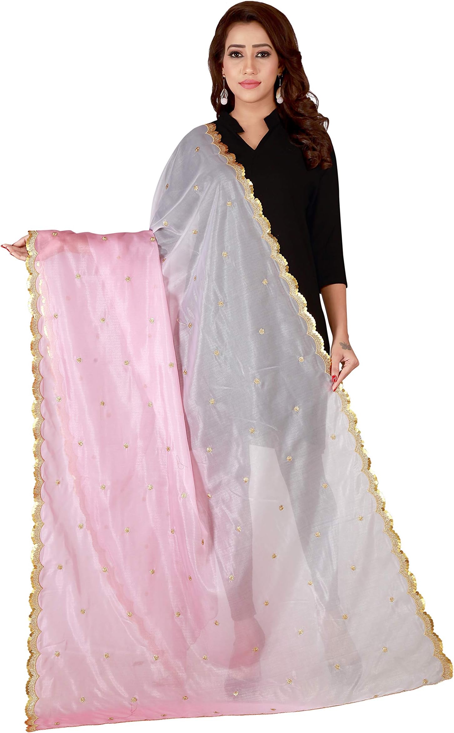 Fabric and Lace Embroidery Lace with Sequence Butta Design Shaded Organza Tissue Dupatta