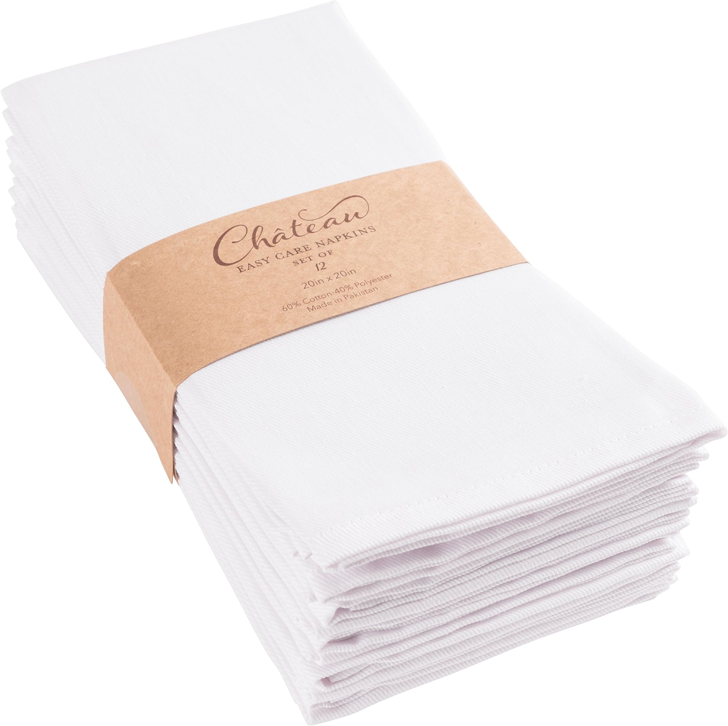 Chateau Easy-Care Cloth Dinner Napkins - Set of 12 Oversized (20 x 20 inches) (White)