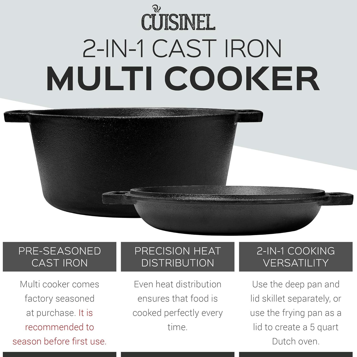 Pre Seasoned Cast Iron Skillet And Double Dutch Oven Set 2 In 1 Cooker 5 Quart Deep Pan 10 Inch Frying Pan Converts To Lid For Dutch Oven Grill