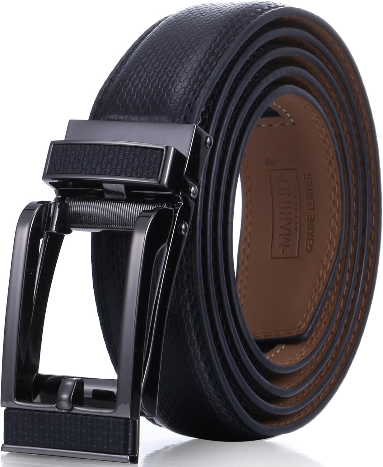 Marino Avenue Mens Genuine Leather Ratchet Dress Belt with Open Linxx Leather Buckle, Enclosed in an Elegant Gift Box