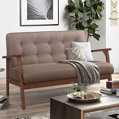Mid-Century Wooden Loveseat Sofa with Upholstered Retro Armrests