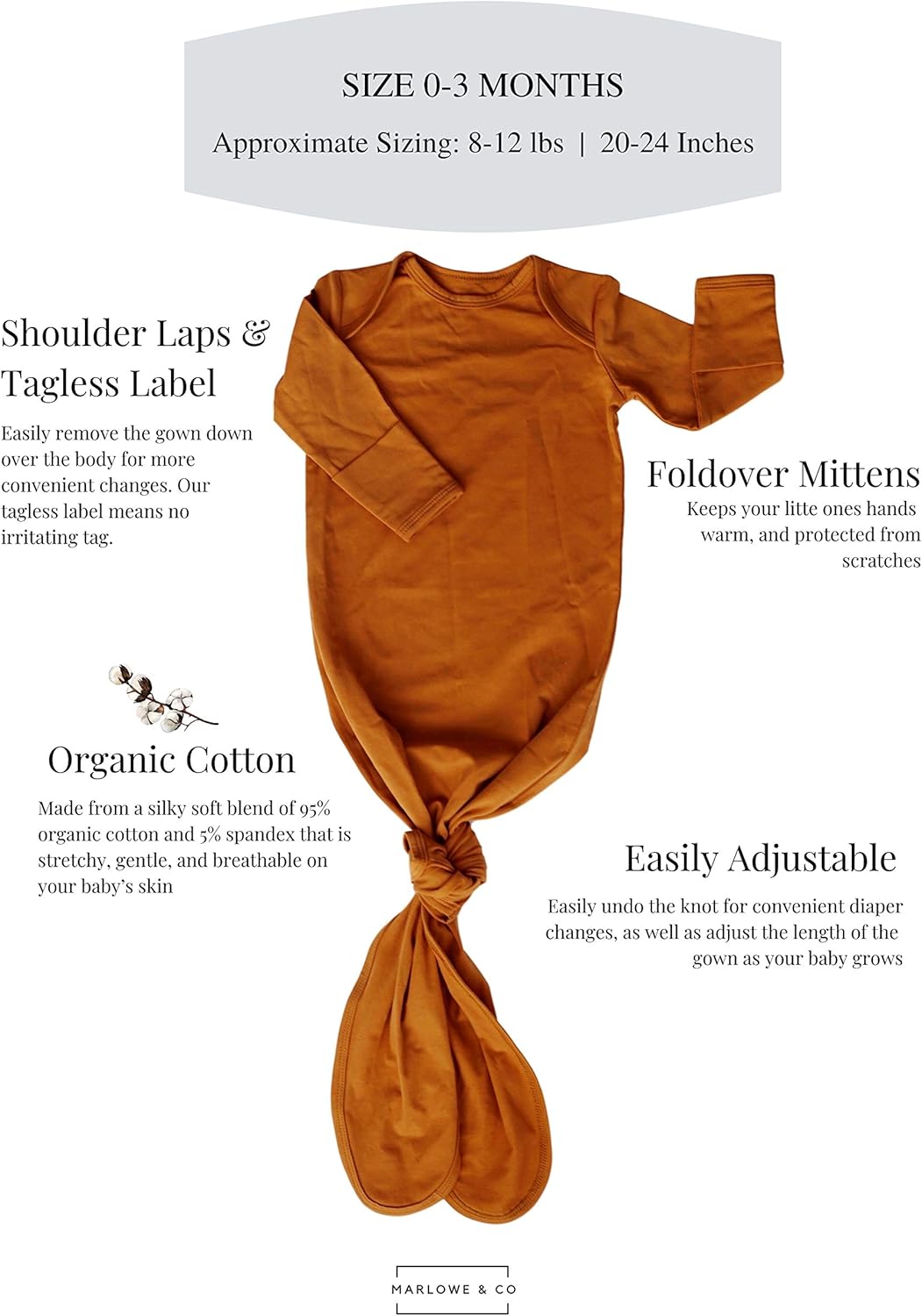 Marlowe & Co Organic Cotton Knotted Newborn Baby Gown, Soft Knotted Sleeper Gown for Baby Boy and Girl (Cinnamon, 0-3 Months): Clothing
