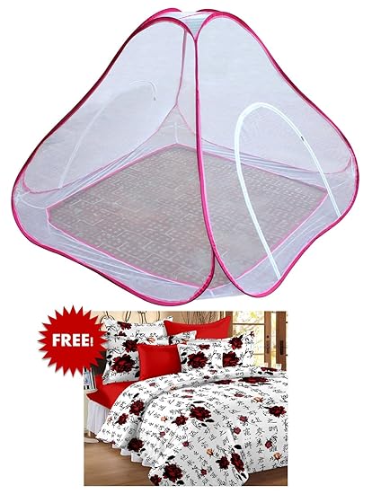 Bedspun Double Bed Pink Mosquito Net with Elegant Cotton Floral White Bedsheets with 2 Pillow Covers
