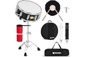 Vangoa Snare Drum Kit with Remo Head 14" x 5.5" Student Marching School Band Beginner Practice Snare Drum with Stand, Drumstick Holder, Padded Gig Bag, Mute Pad, Neck Strap, and 5A Drum Sticks, Black