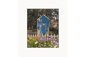 LITTLEPIECREATIONS Farmhouse Bathroom Wall Art Vintage Blue Outhouse Wildflowers Photography Matted Wall Art Picture (Outhouse)