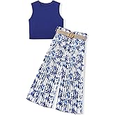 BAVADER Girls Clothes 6-16Y Kids Clothes Girls Rib Crop Tank Tops + Pleated Wide Leg Pants Girls 2 Piece Summer Outfits