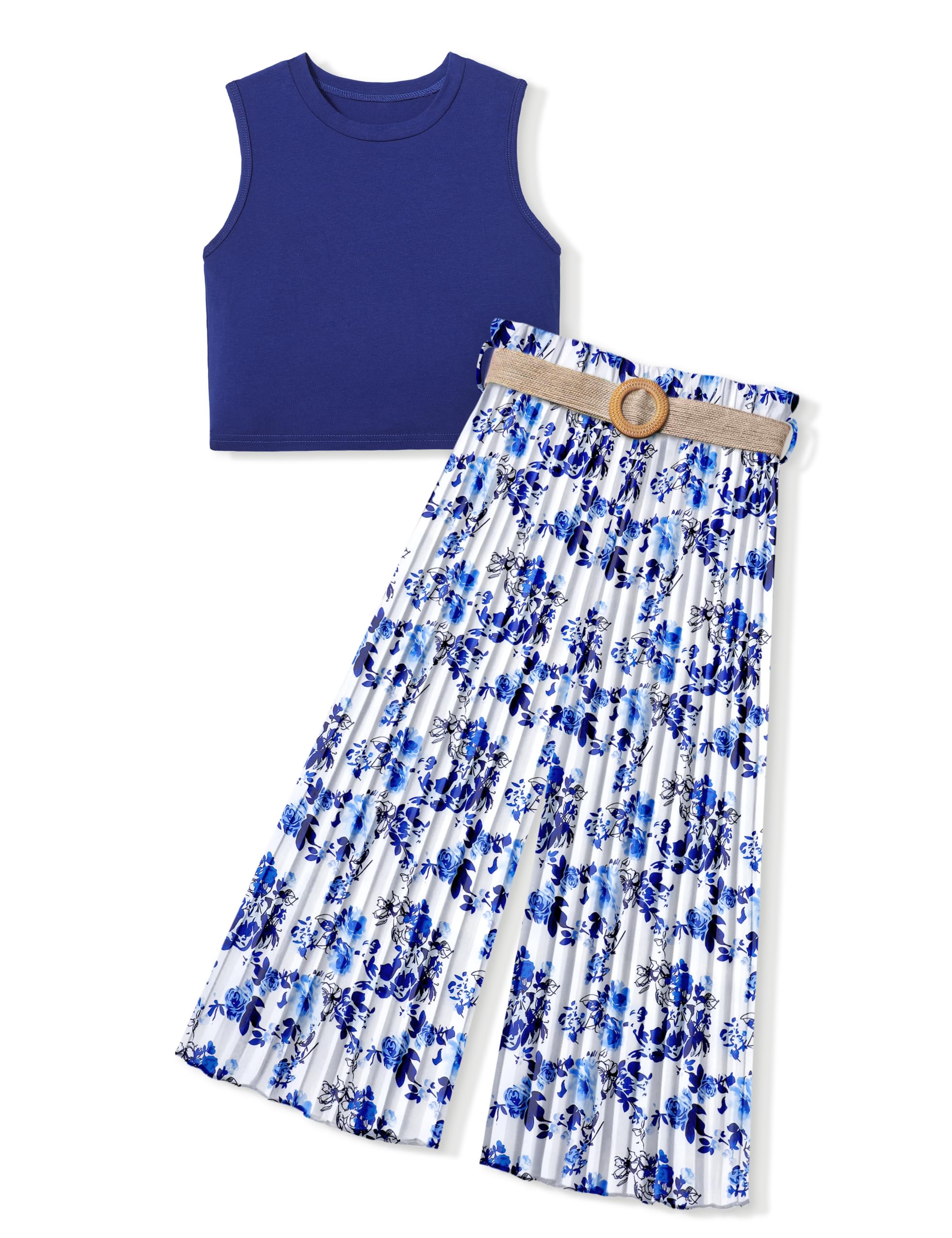 Photo 1 of BAVADER Girls Clothes 9-10Y Kids Clothes Girls Rib Crop Tank Tops + Pleated Wide Leg Pants Clothes for Girl 9-10 Girls 2 Piece Summer Outfits Blue