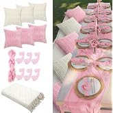28 Pack Extra Large Pink Picnic Blanket Kit 91x71'' Outdoor Boho Pink Rug | 2 Pink Table Runner, 12 Pillow Covers 12 Napkins 2 Large Pink Beach Blanket Washable, Christmas Wedding Birthday Party Decor