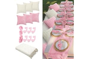 Beeveer 91 x 71 Extra Large Outdoor Boho Picnic Blanket with Pink Table Runner, 6 Throw Pillow Covers 6 Napkins Woven Cotton Yarn Oversize Beach Blanket Washable Picnic Camp Wedding