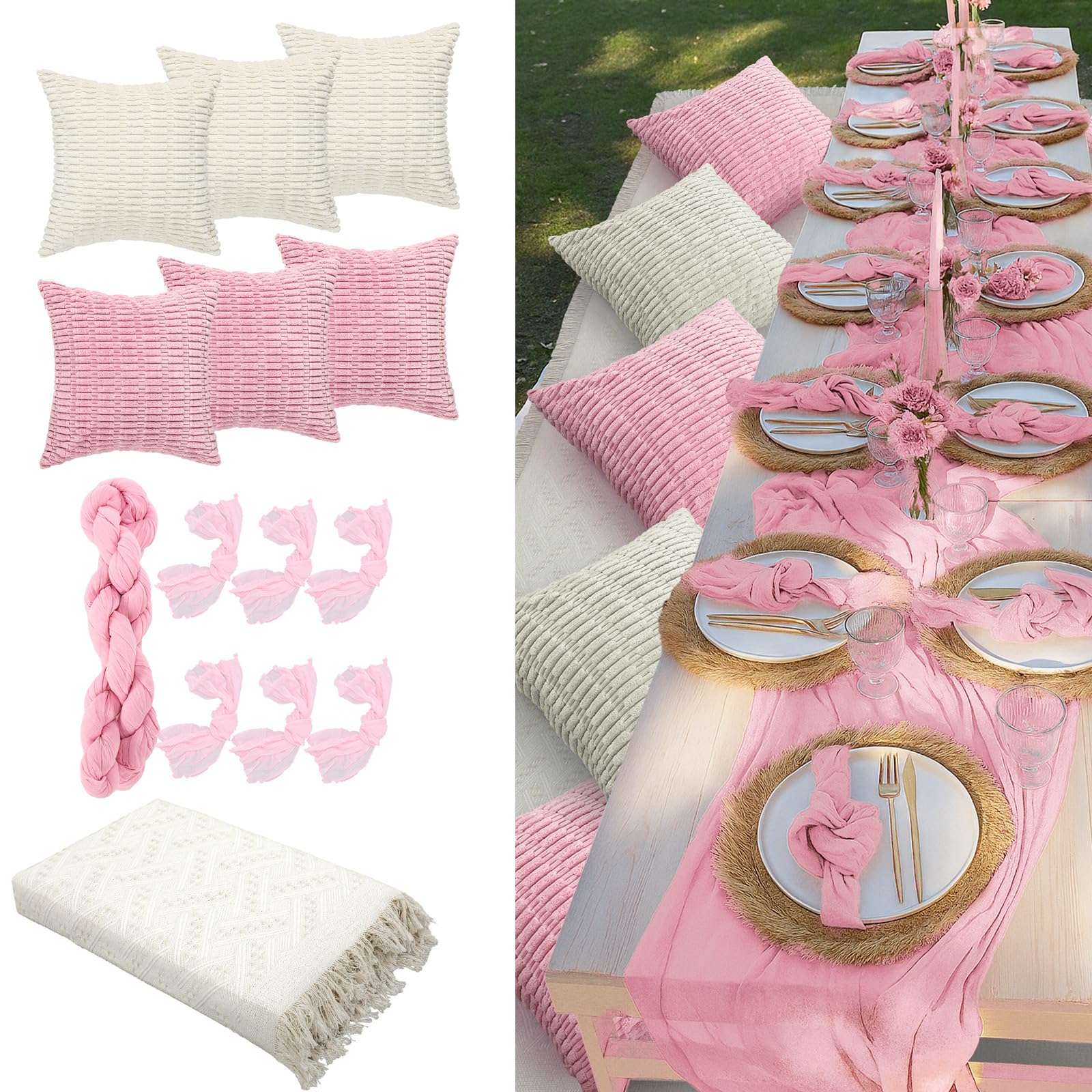 Photo 1 of Beeveer 91 x 71 Extra Large Outdoor Boho Picnic Blanket with Pink Table Runner, 6 Throw Pillow Covers 6 Napkins Woven Cotton Yarn Oversize Beach Blanket Washable Picnic Camp Wedding