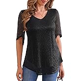 Traleubie Women's Short Sleeve Sparkly Glitter Blouse Double Layer Mesh Top for Parties, Evening Wear, Everyday Style, S-XL