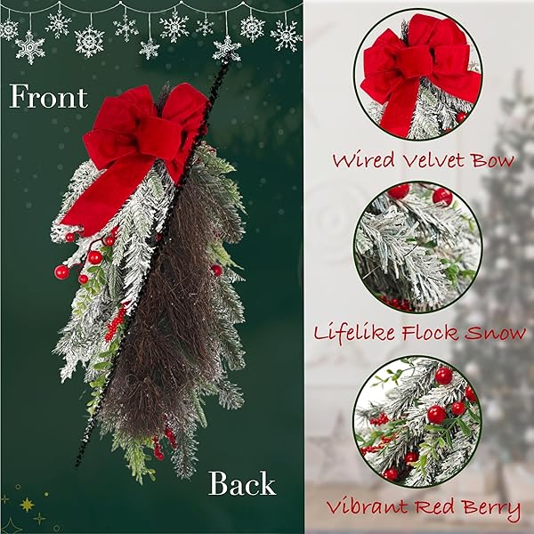 FLOROAD 28 INCH PRE-LIT CHRISTMAS TEARDROP SWAG, DECORATED WITH ARTIFICIAL FLOCKED PINE BRANCH RED BERRY WIRED BOWKNOT WHITE LED LIGHT, WHITE SNOWY CHRISTMAS DECORATION FOR FRONT DOOR OUTDOOR