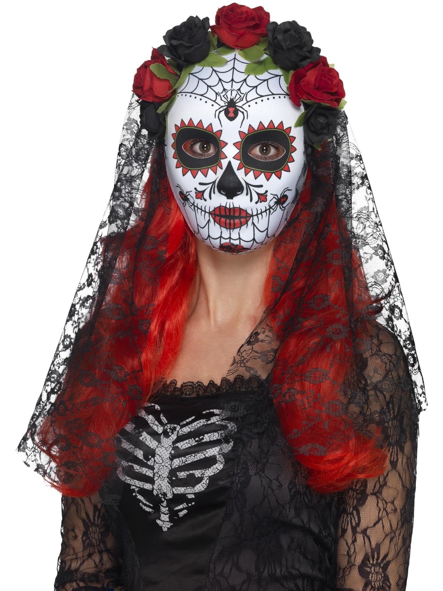 Smiffys Day of the Dead Senorita Mask, Full Face, Red & Bl with Roses & Veil, Eyemasks Fancy Dress, Halloween Dress Up Masks