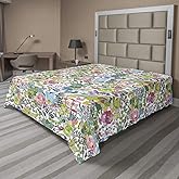 Ambesonne Cactus Spring Flower Flat Sheet, Illustration of Cluttered Botanical Floral and Leaves Plantation, Soft Comfortable Top Sheet Decorative Bedding 1 Piece, King Size, Green White