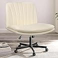 PUKAMI Criss Cross Chair with Wheels,Armless Cross Legged Office Desk Chair,PU Leather Modern Swivel Height Adjustable Wide Seat Computer Task Vanity Chair for Home Office(Beige)