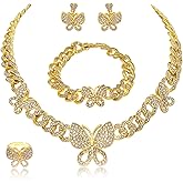 SYHOL Butterfly Necklaces for Women Cuban Chain Necklace Bracelet Big Butterfly Pendant Necklace Rhinestone Cuban Link Necklace Bling Charm Butterfly Hoop Earrings for Women