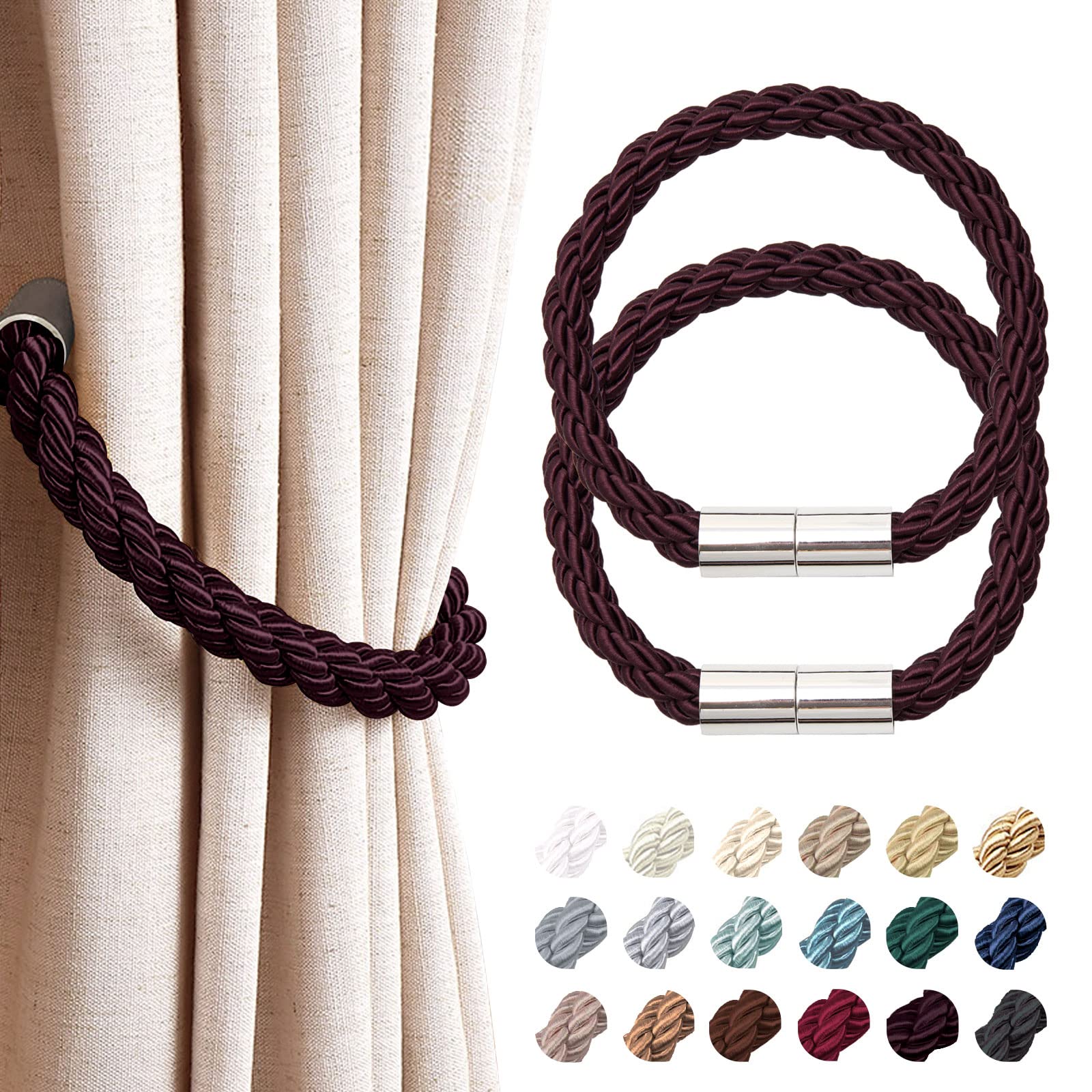 Pretty Jolly 2 Pack Strong Magnetic Curtain Tiebacks Modern Simple Style Drape Tie Backs Convenient Decorative Weave Rope Curtain Holdback for Thin or Thick Home & Office Window Drapery (Claret)