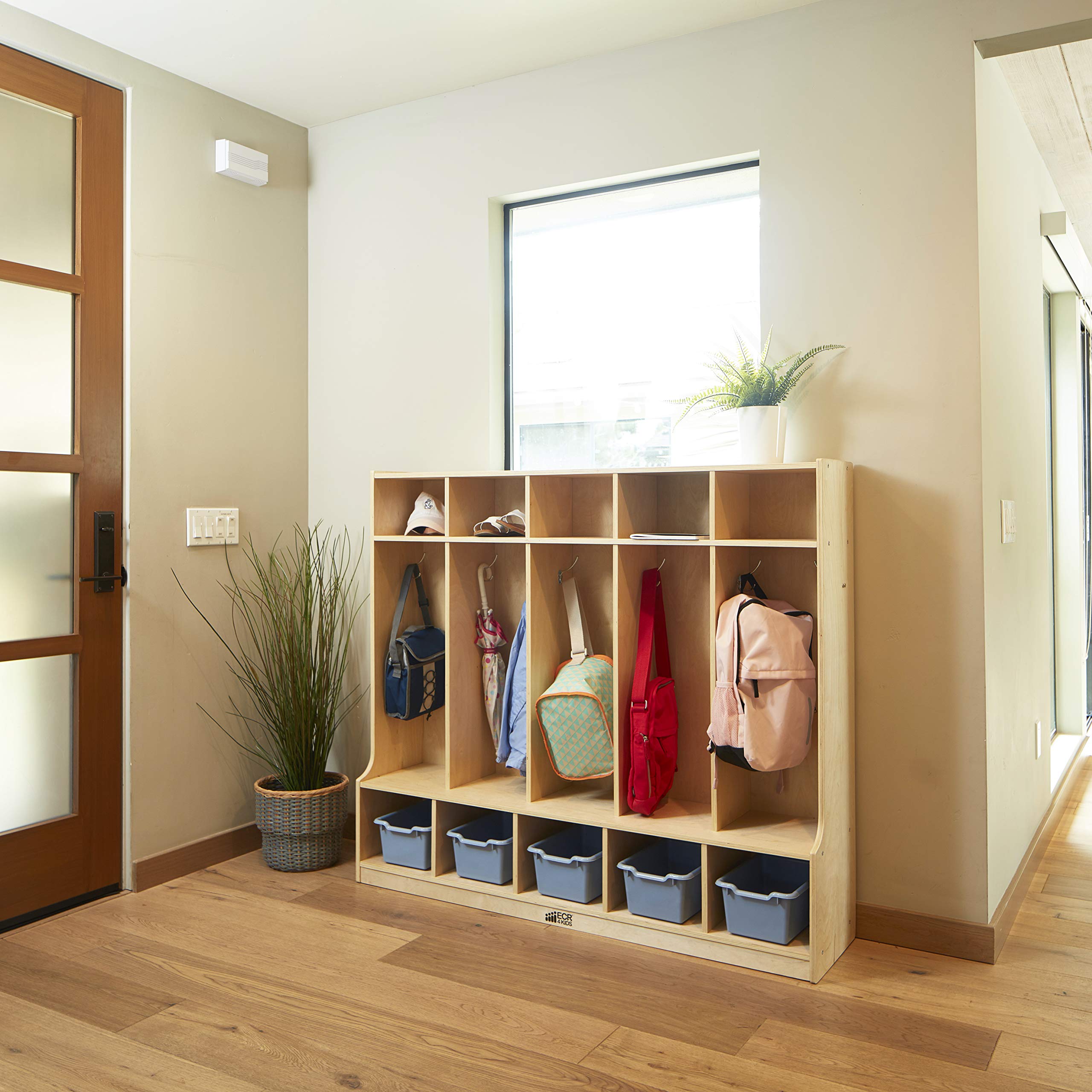 ECR4Kids Birch School Coat Locker for Toddlers and Kids, 5-Section Coat Locker with Bench and Cubby Storage Shelves, Commercial or Personal Use, Certified and Safe, 48 inch High, Natural