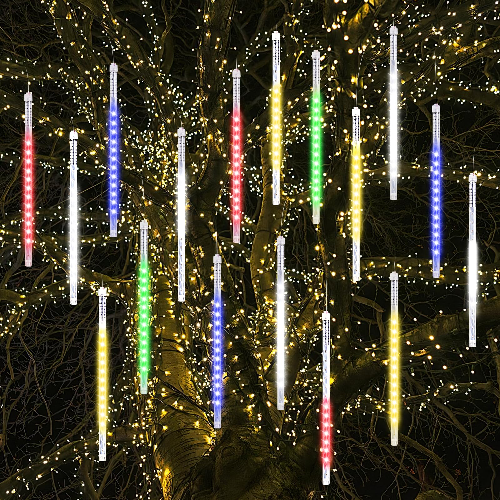 Vikdio Christmas Lights Outdoor, Meteor Shower Lights 16 Spiral Tubes 30cm 480 LEDs 5.25m Lit Length, Waterproof Snowfall Icicle Lights for Outdoor Xmas Decoration Party Tree Window (Multicolor)
