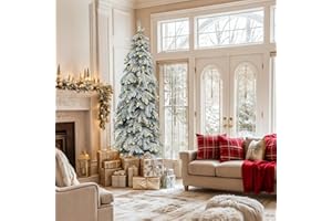 YITAHOME Pre-Lit Flocked Drooping Pencil Spruce Christmas Tree with Pine Cone,7.5ft Natural Layered Spruce Christmas Tree w/R