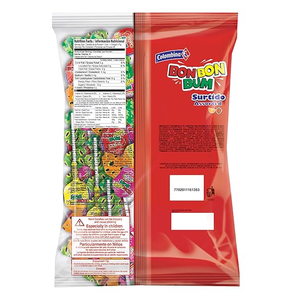 COLOMBINA BON BON BUM ASSORTED LOLLIPOPS FRUIT HARD CANDY, INDIVIDUALLY WRAPPED SWEET FRUIT POPS, 48 COUNT (PACK OF 1)