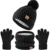 Kids Pompom Winter Beanie Hat Scart Gloves Set,Boys Girls Knitted Fleece Lined Woollen Hat for Children's Toddler 3-9 Years
