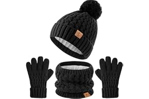 DOCVIT Kids Pompom Winter Beanie Hat Scart Gloves Set,Boys Girls Knitted Fleece Lined Woollen Hat for Children's Toddler 3-9 Years