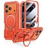 FNTCASE for iPhone 17 Pro Case: Magnetic Phone Cases with [Ring Kickstand] [Built-in Screen Protector] [Heavy Duty Military Grade Protection] Drop Protective Rugged Hard TPU Cell Phone Cover Orange