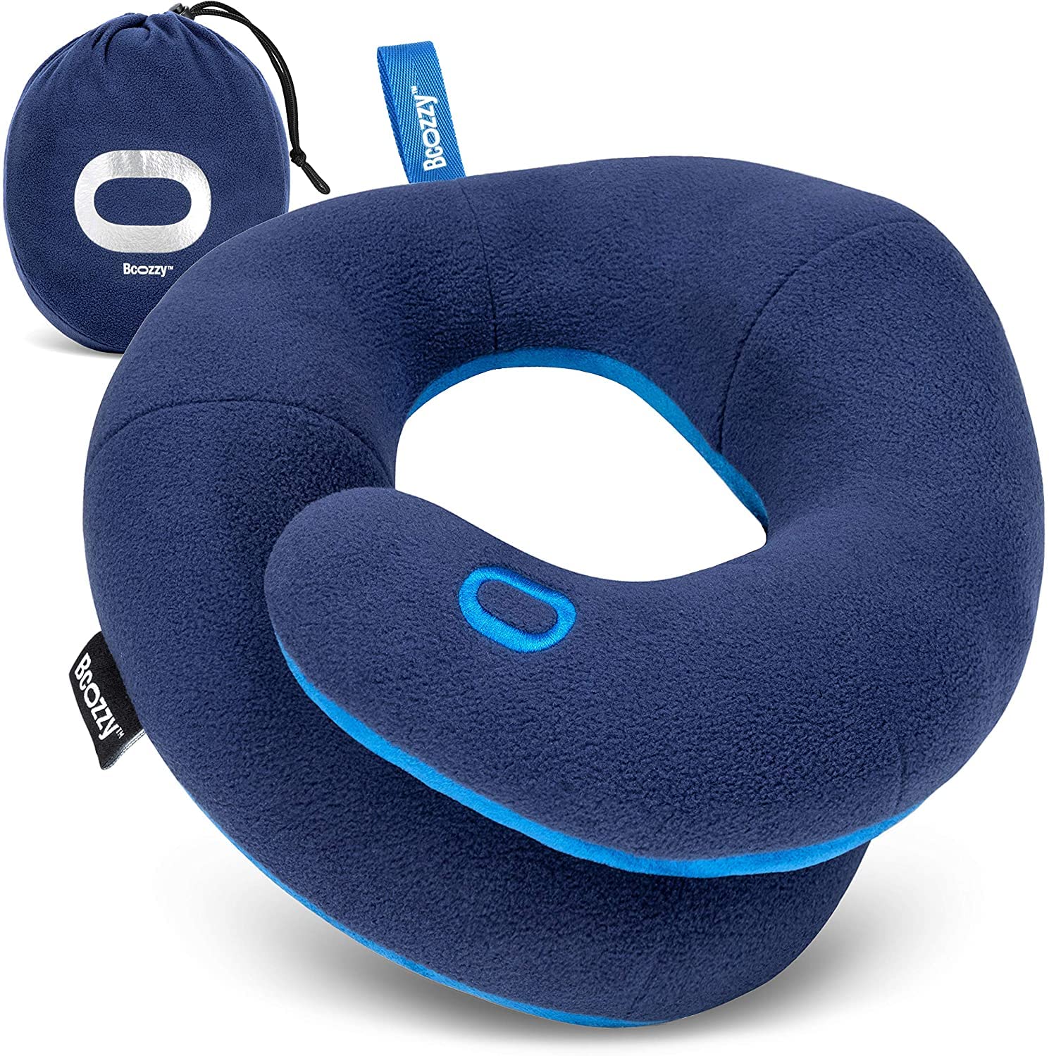 BCOZZY Kids Chin Supporting Travel Pillow for Ages 3–7- Patented Soft Neck Pillow for Head and Chin Support in Car Seat and Airplane. Comfortable Travel Essential. Small Size, Bag, Navy