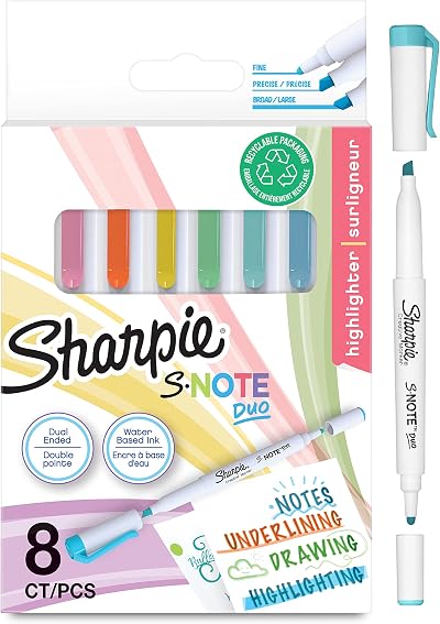 Sharpie S-Note Duo Highlighters Dual Ended Pastel Markers 8 Count