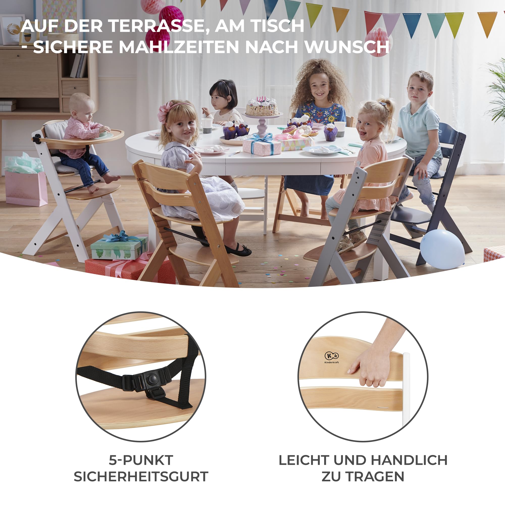 Kinderkraft ENOCK Hochstuhl & Kinderstuhl 2in1 aus Buchenmassivholz, mitwachsend von 6 Monaten bis 10 Jahre, verstellbare Rückenlehne & Fußstütze, 3-Punkt-Gurt, bis 35 kg, Grau 6