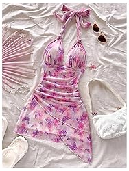 BEAUDRM Women's Floral Print Sleeveless Halter Deep