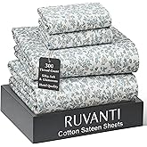 RUVANTI 100% Cotton Sheets Queen Size Bed Set - 300 Thread Count Silky Soft Sateen Weave, Cooling, Lightweight & Breathable, 16" Deep Pocket, Durable & Luxury Satin-Like, 4 Piece, Vibe