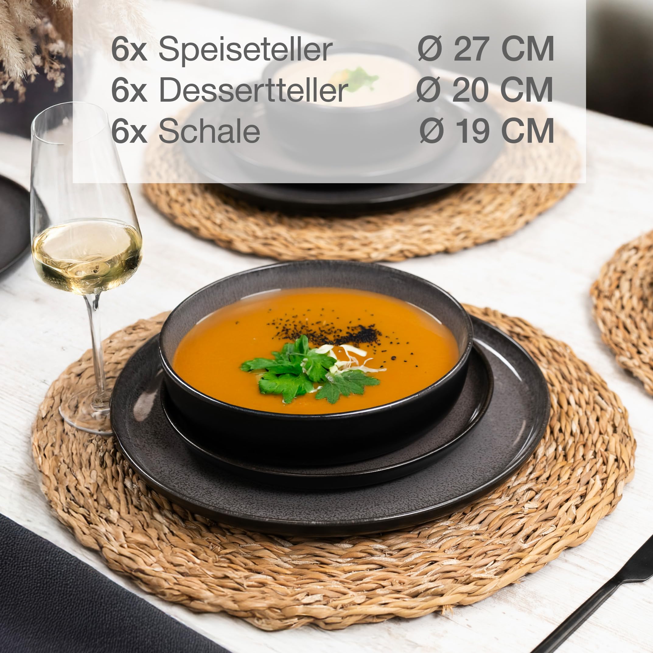 Moritz & Moritz VIDA Geschirrset 6 Personen Anthrazit 18-tlg. - Modernes Porzellan Geschirr Set - Kratz-, Mikrowellen- & Spülmaschinenfest, Essgeschirr, Tafelservice, Kombiservice 6 Personen 3