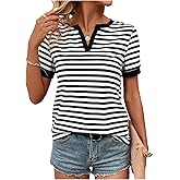 SweatyRocks Women's Striped V Neck T Shirts Short Sleeve Casual Tees Summer Tops