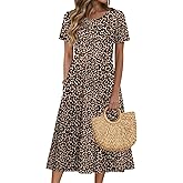 Zeagoo Womens Casual Dresses for Summer Short Sleeve Flare Midi Dress Loose Beach Sundress Pleated Front Dress with Pockets