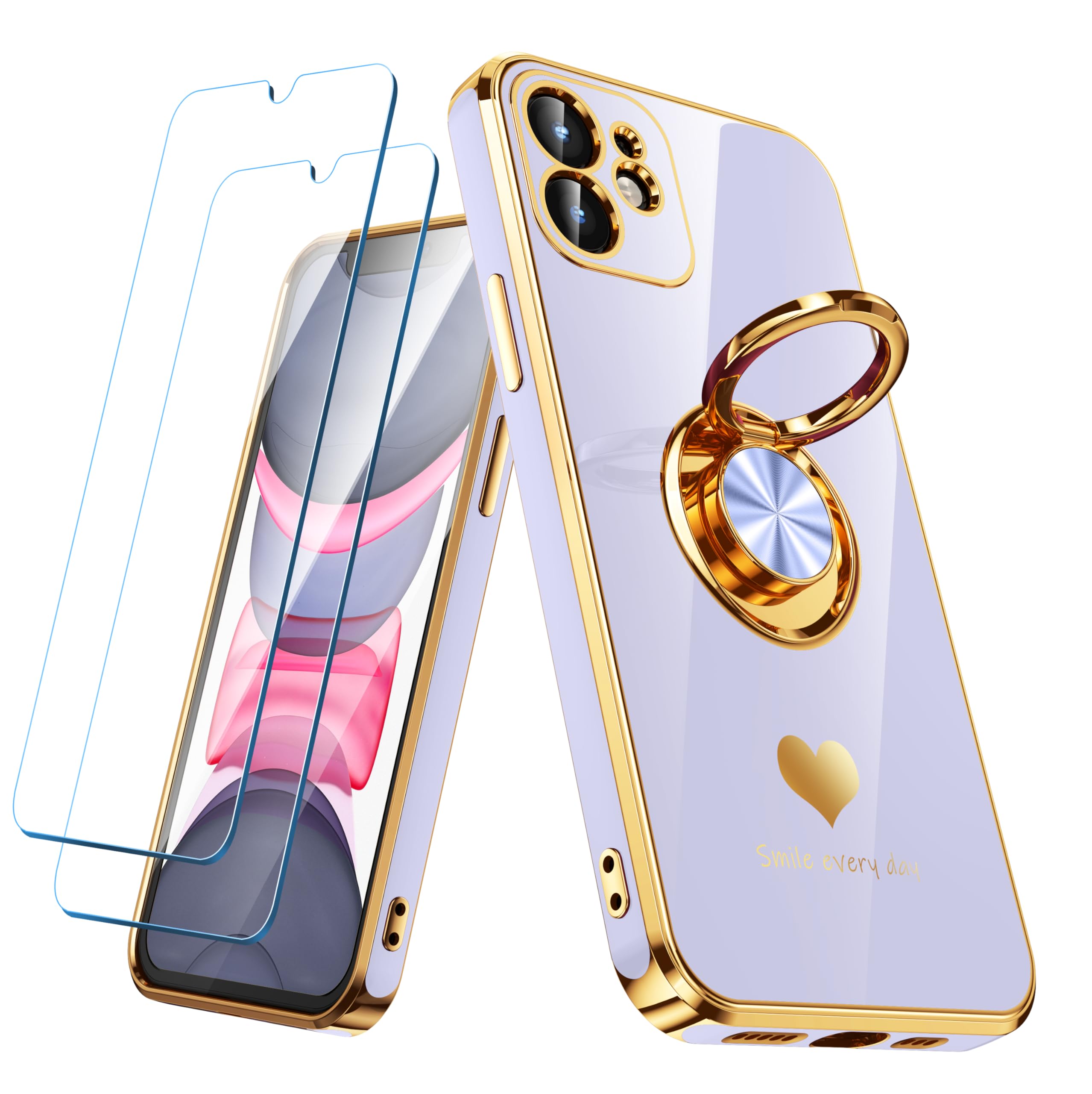 Nonional Compatible for iPhone 11 Case with 2 Pack Screen Protector, 360° Rotatable Ring Holder [Luxury Hearts Pattern] Plating Gold Edge Slim Soft Phone Cover Case for iPhone 11 - Lavender