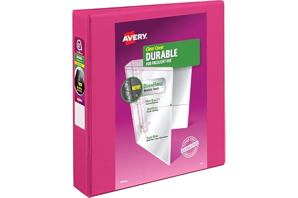 Avery Durable View Binder, 1-1/2" Slant Rings, 375-Sheet Capacity, DuraHinge, Pink (17833) | For Daily School, Home and Offic