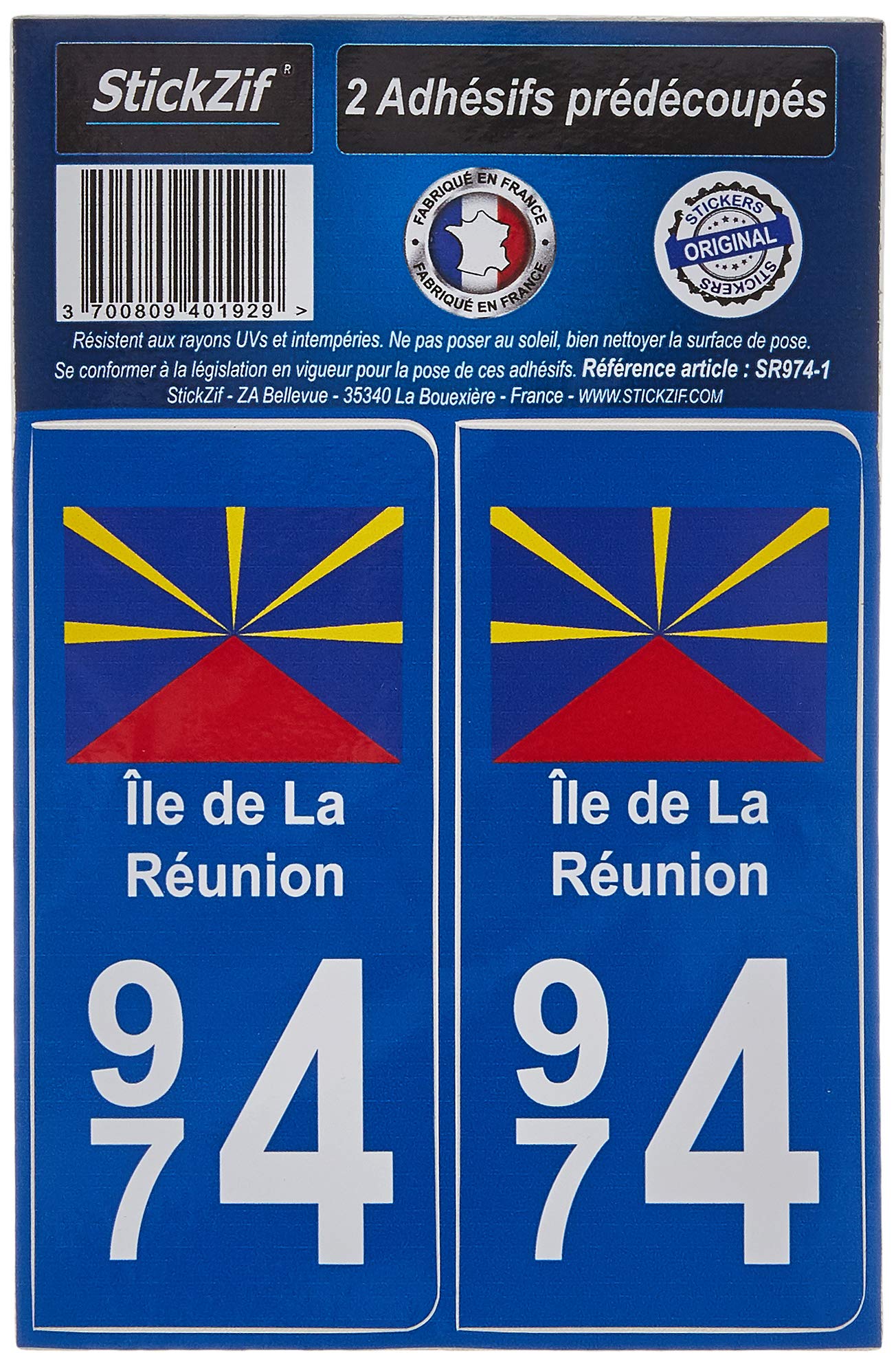 STICKZIF sr974-1 2 Adhesive Stickers Ile de la Réunion 974 region, Set of 2