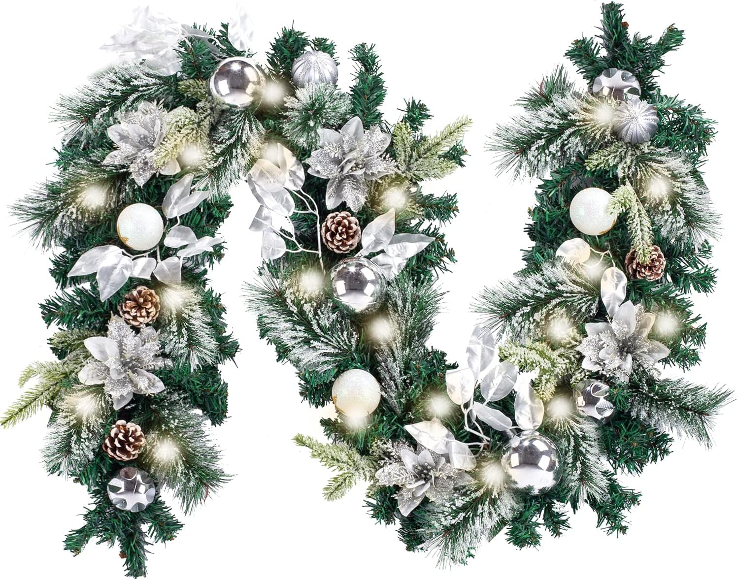Wreaths, Garlands & Swags - WANNA-CUL Pre-Lit 6 ft/ 72 Inch Christmas Garland with Lights for Front Door Decor with Silver White Christmas Ball Ornaments and Poinsettia Flowers,Battery Operated 30 LED Lights