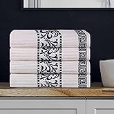 Superior Athens Cotton Bath Towel Set, Greek Key Floral Decor for Bathroom, Guest Bath, Spa, Resort, Home Essentials, Absorbent, Fluffy Medium Weight Towels, Includes; 4 Bath Towels, Ivory/Black