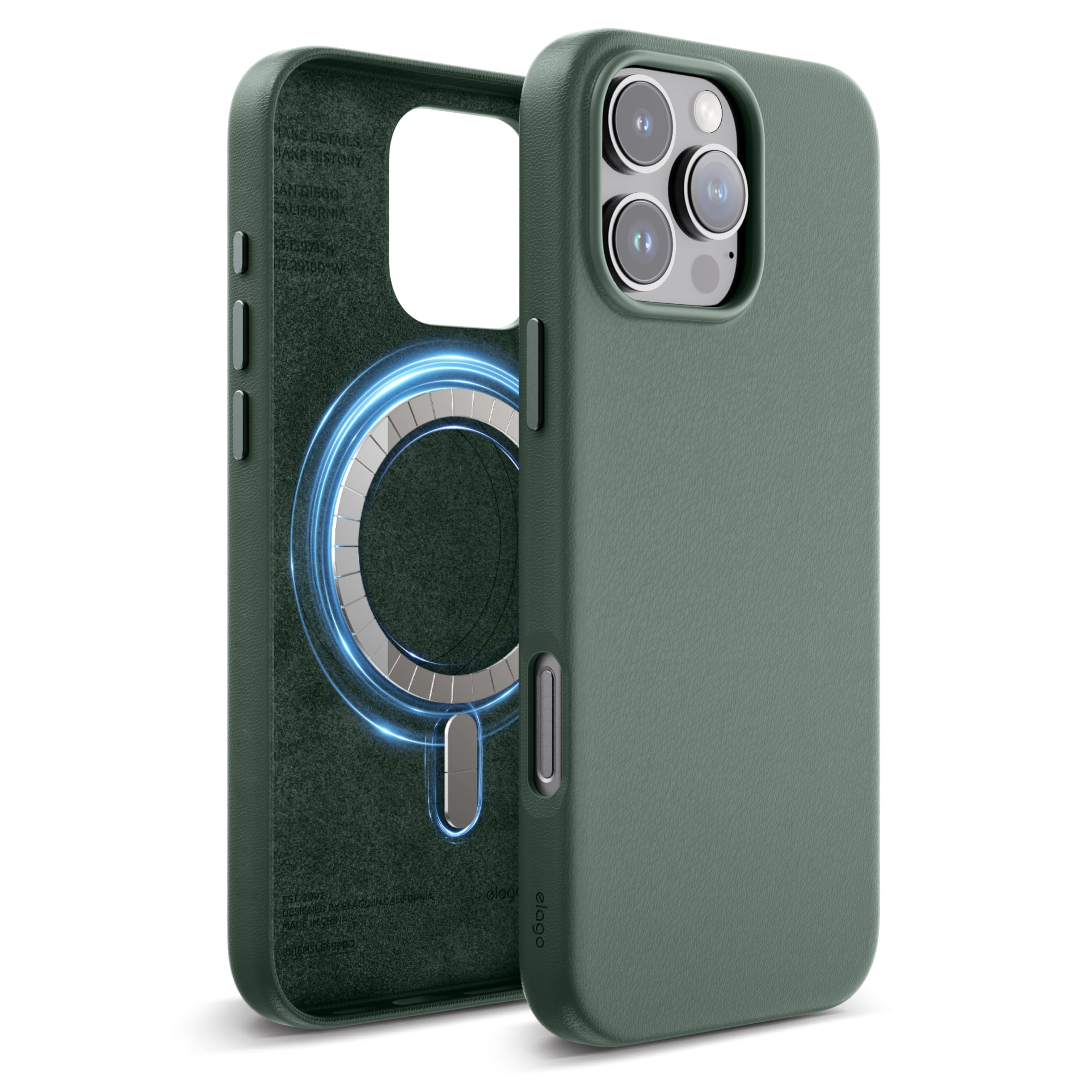 elago Magnetic Leather Case Compatible with iPhone 16 Pro Max Case, Compatible with All MagSafe Accessories, 6.9 inch - Built-in Magnets, Vegan Leather, Shockproof, Water-Resistant (Midnight Green)