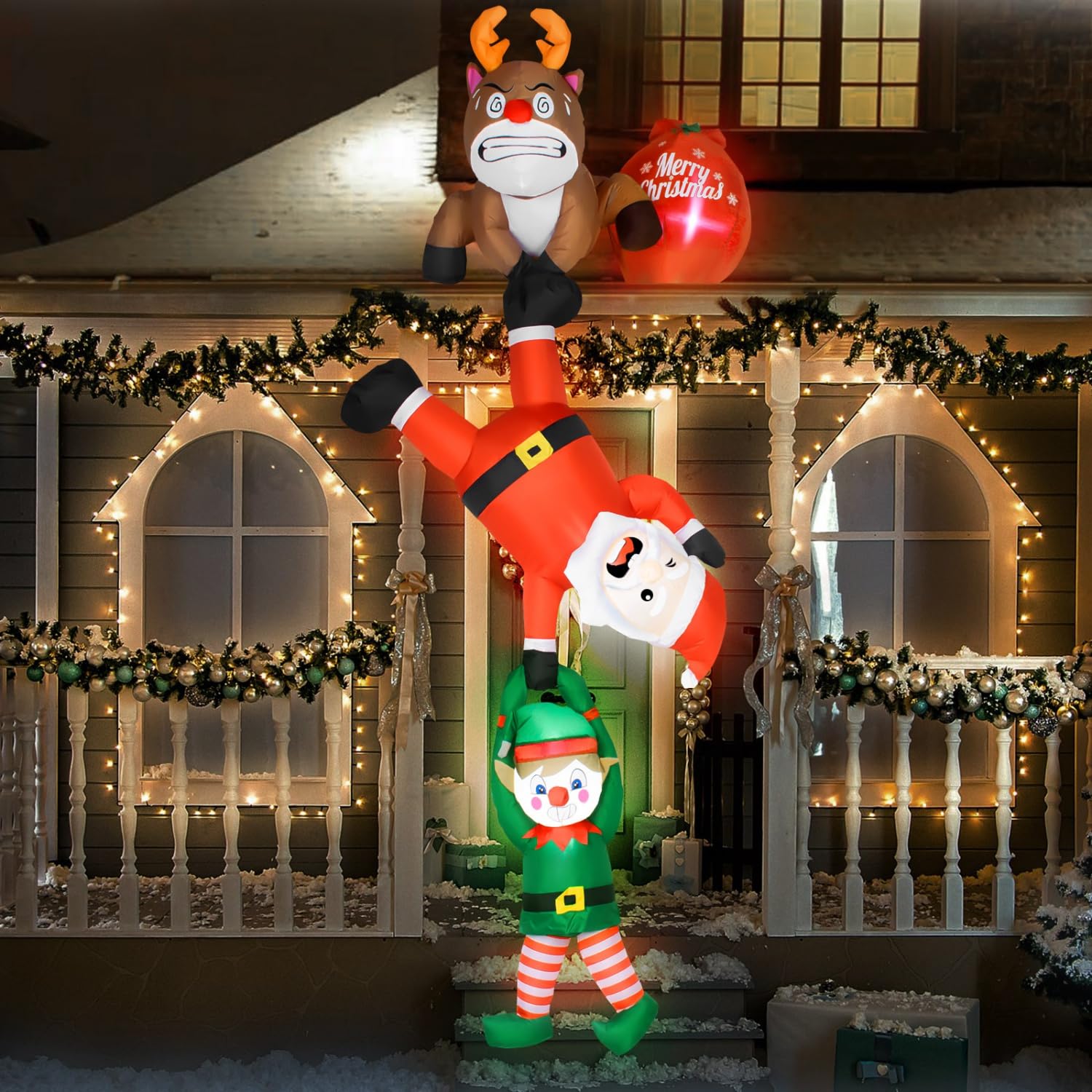 Photo 1 of Rocinha 8FT Hanging Christmas Inflatable Outdoor Decoration, Christmas Inflatables Reindeer Pulling Climbing Santa and Falling Elf, Blow Up Christmas Decorations Outdoor Hanging Xmas Decorations