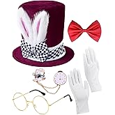 White Rabbit Costume Bunny Ear Top Hat Rabbits Ears Topper Plush Hat Mad Hatter Set for Easter Halloween Cosplay Accessories