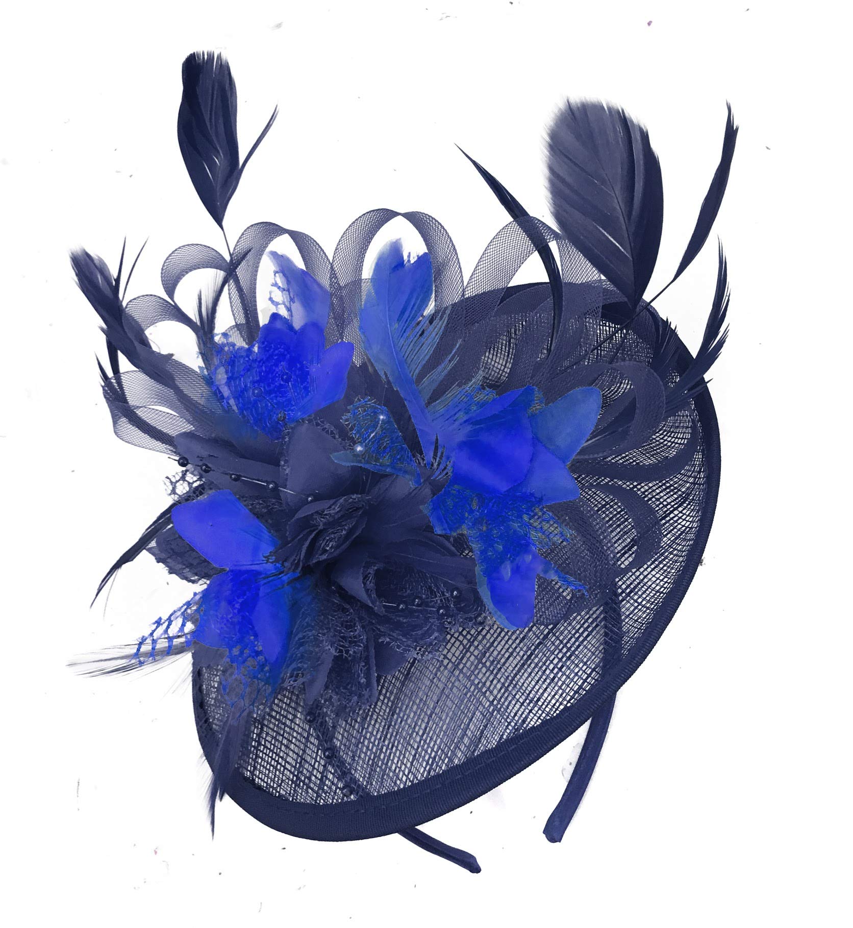 Caprilite Navy Blue and Royal Blue Sinamay Disc Saucer Fascinator Hat for Women Weddings Headband