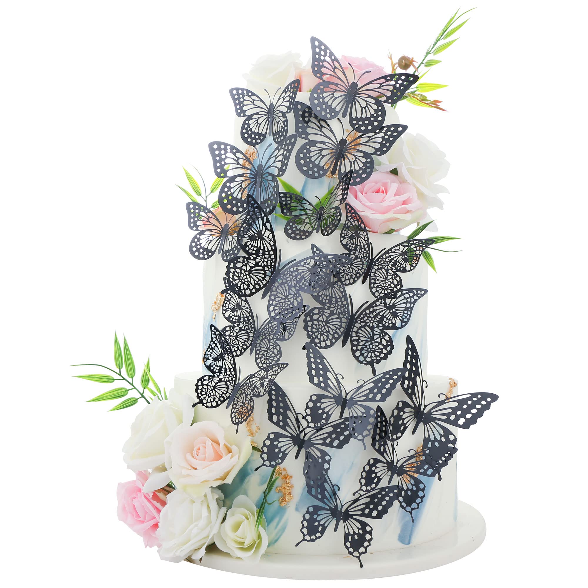 Gyufise 36 Pack Black Laser 3D Butterfly Cupcake Toppers Hollow Butterfly Cake Decorations for Birthday Wedding Fairy Party Butterfly Wall Sticker Decal for Background Wall Decoration
